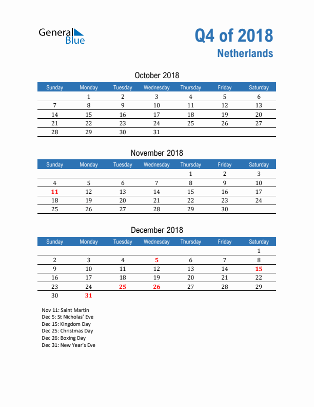 The Netherlands 2018 Quarterly Calendar with Sunday Start