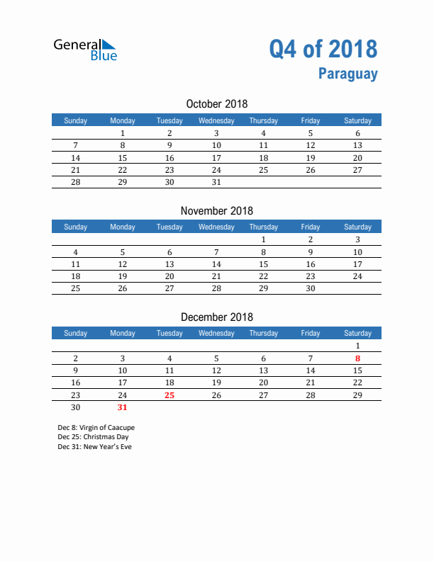 Paraguay 2018 Quarterly Calendar with Sunday Start