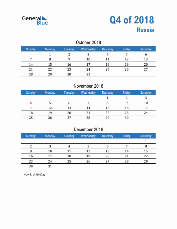 Russia 2018 Quarterly Calendar with Sunday Start