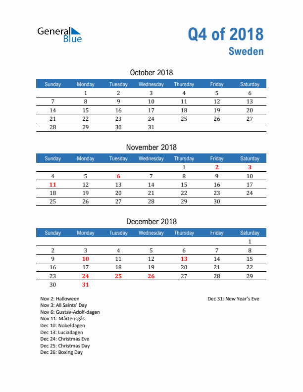 Sweden 2018 Quarterly Calendar with Sunday Start