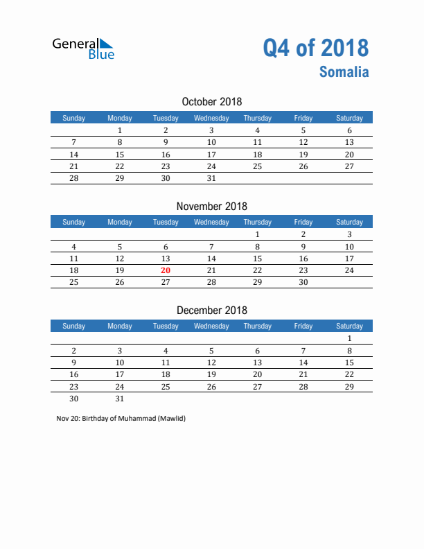 Somalia 2018 Quarterly Calendar with Sunday Start