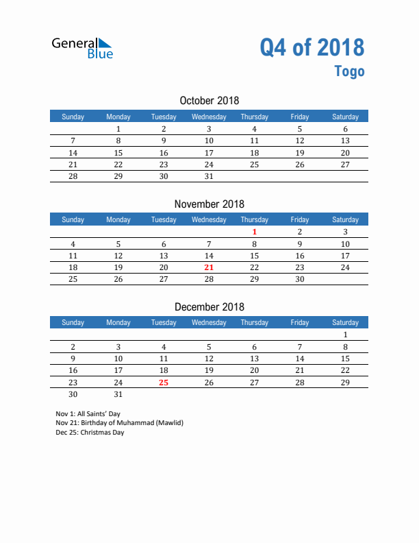 Togo 2018 Quarterly Calendar with Sunday Start