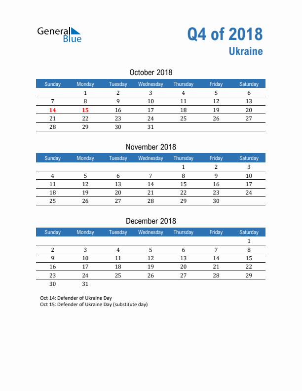 Ukraine 2018 Quarterly Calendar with Sunday Start