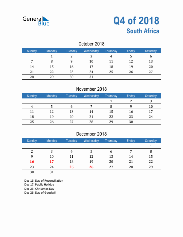 South Africa 2018 Quarterly Calendar with Sunday Start