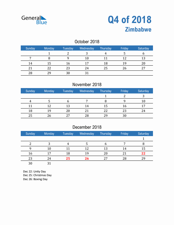 Zimbabwe 2018 Quarterly Calendar with Sunday Start