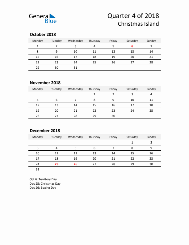 2018 Three-Month Calendar for Christmas Island