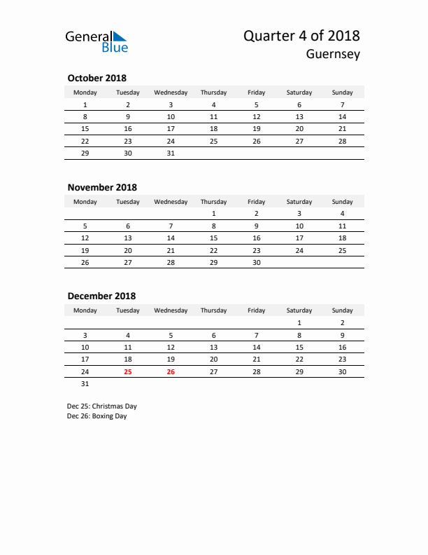 2018 Three-Month Calendar for Guernsey
