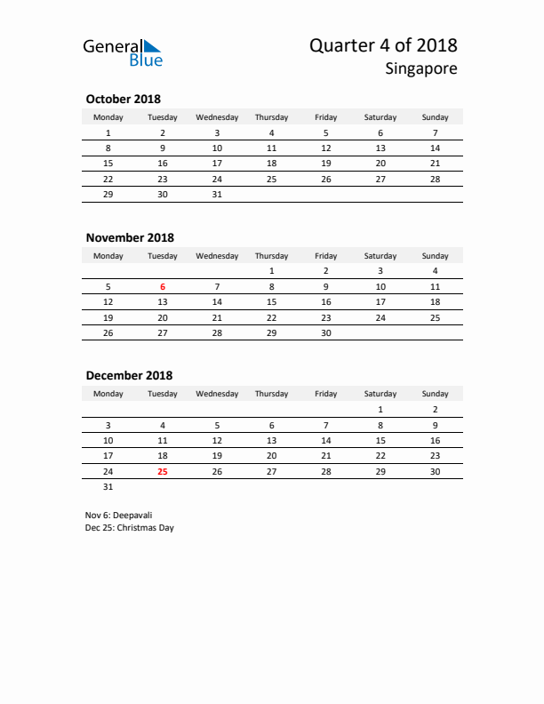 2018 Three-Month Calendar for Singapore