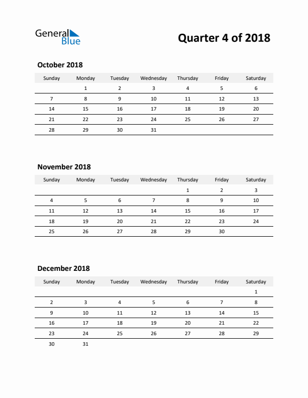 2018 Three-Month Calendar (Quarter 4)