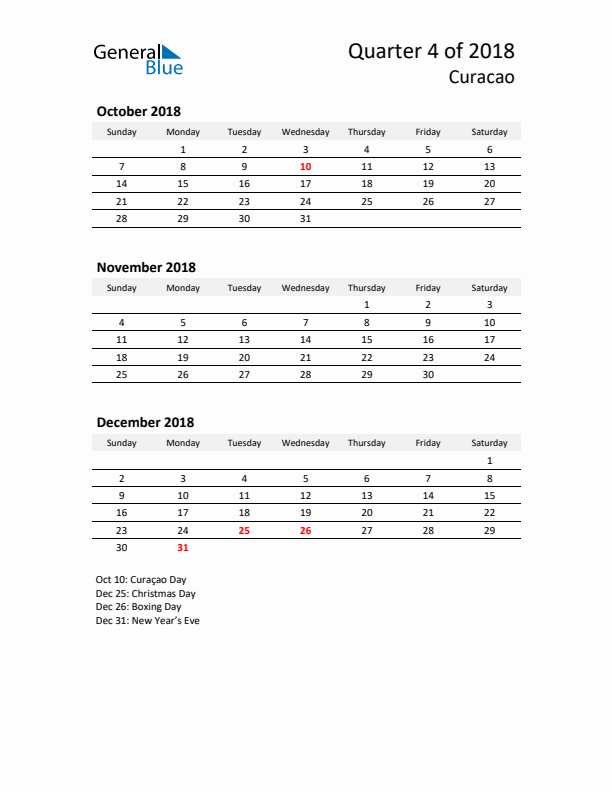 2018 Three-Month Calendar for Curacao