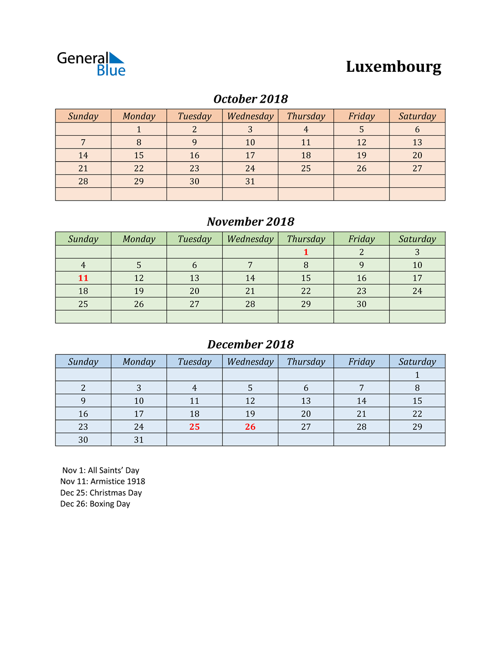  Q4 2018 Holiday Calendar - Luxembourg