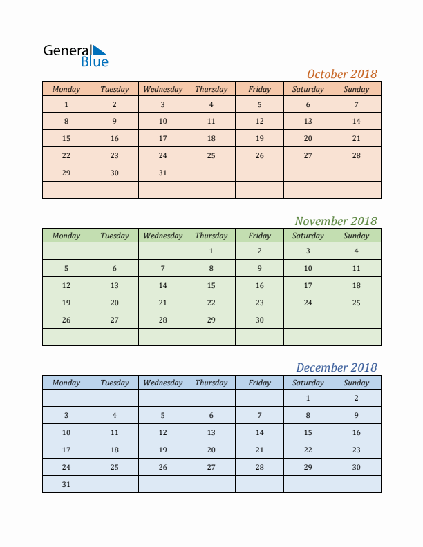 Three-Month Calendar for Year 2018 (October, November, and December)