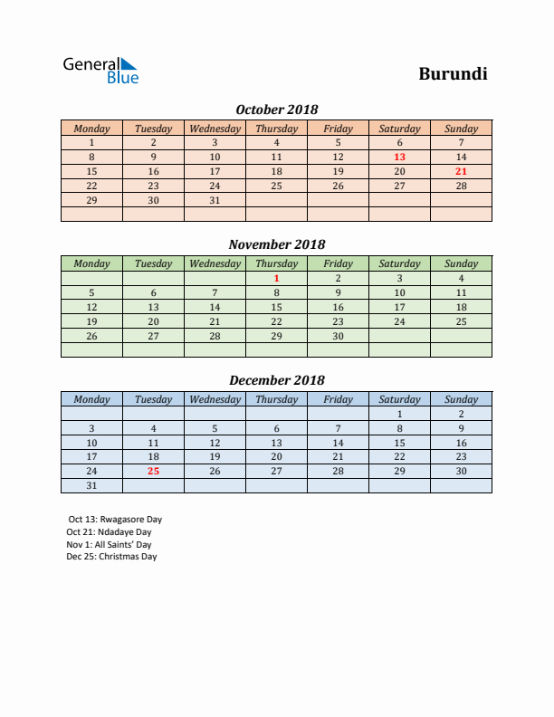 Q4 2018 Holiday Calendar - Burundi