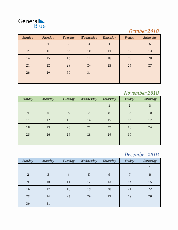 Three-Month Calendar for Year 2018 (October, November, and December)