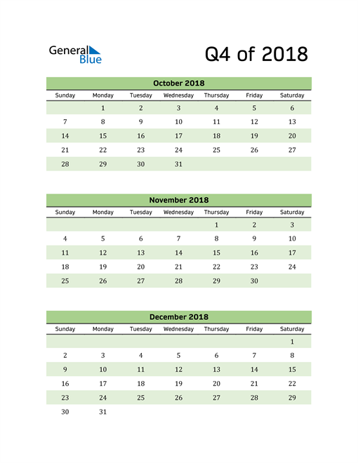  Printable Quarterly Calendar (Q4 2018)