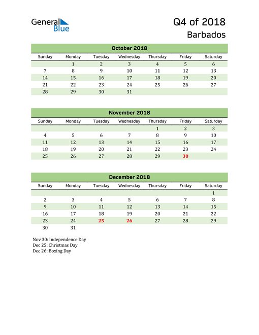  Quarterly Calendar 2018 with Barbados Holidays 