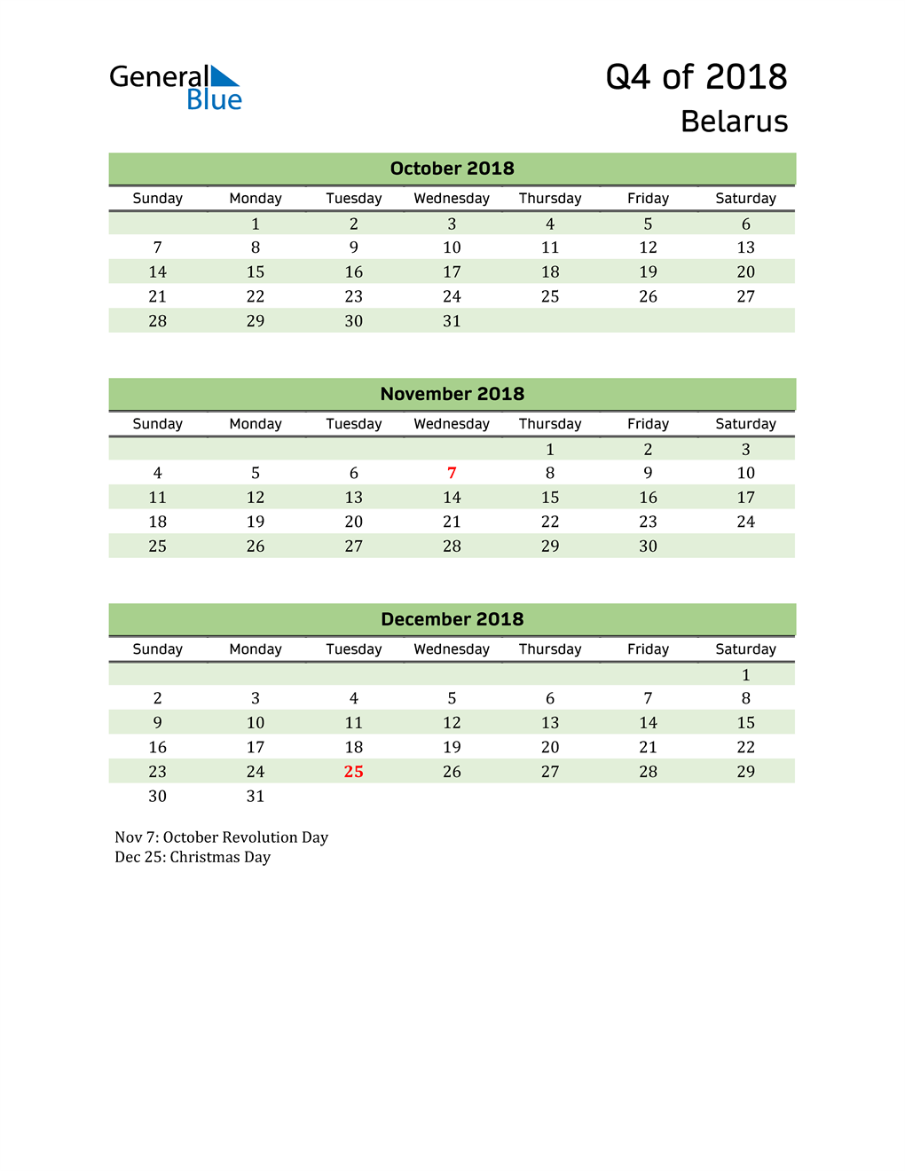  Quarterly Calendar 2018 with Belarus Holidays 
