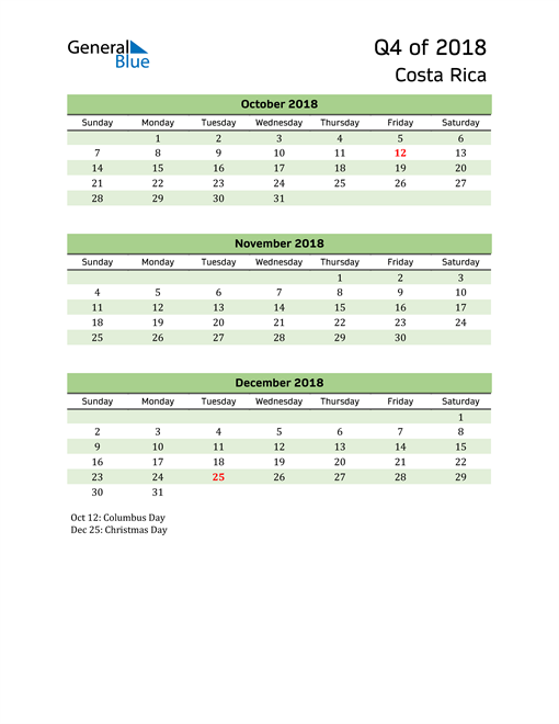  Quarterly Calendar 2018 with Costa Rica Holidays 