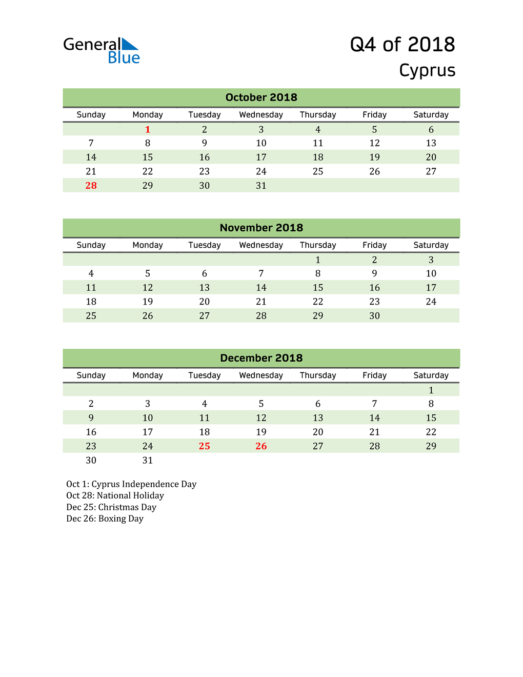  Quarterly Calendar 2018 with Cyprus Holidays 