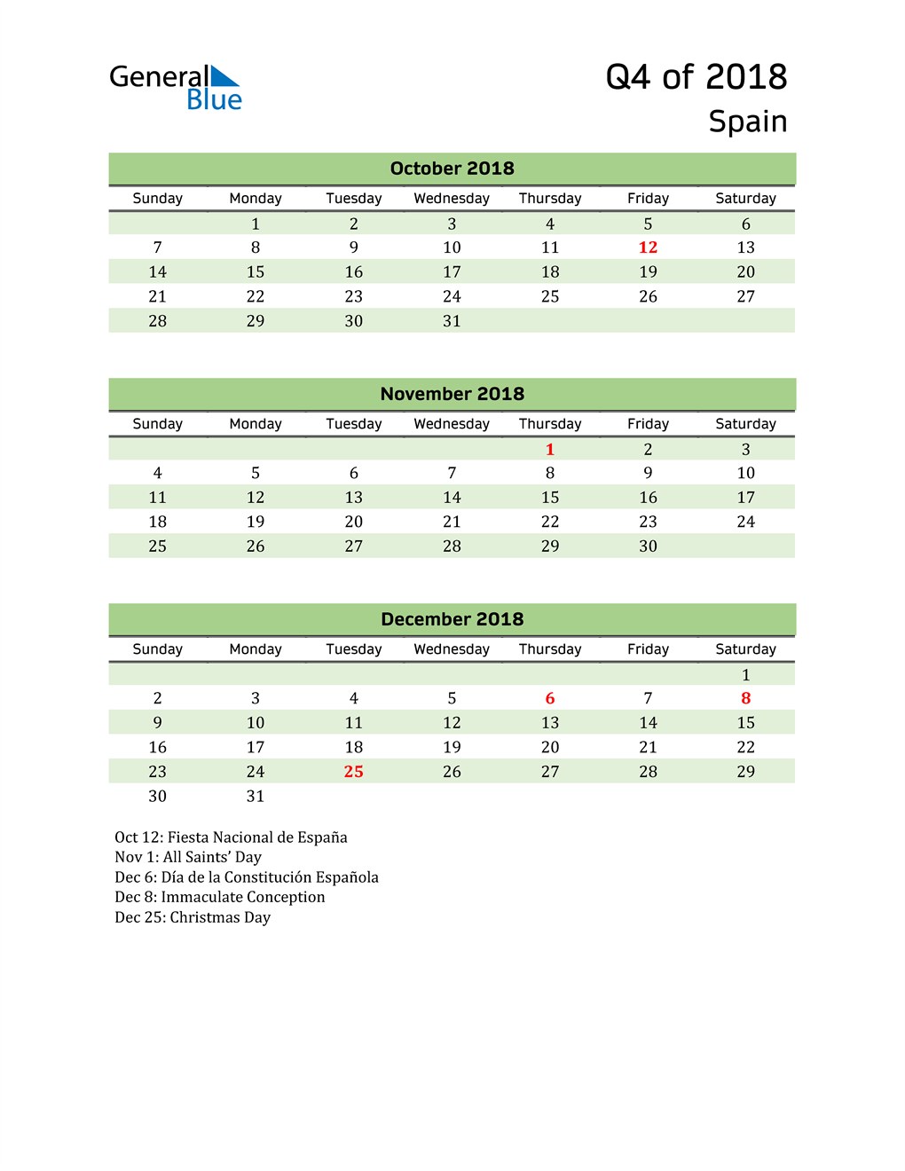  Quarterly Calendar 2018 with Spain Holidays 