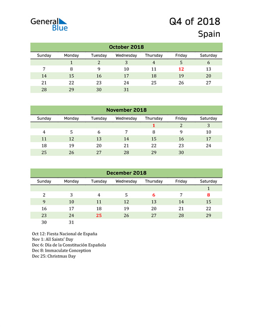  Quarterly Calendar 2018 with Spain Holidays 