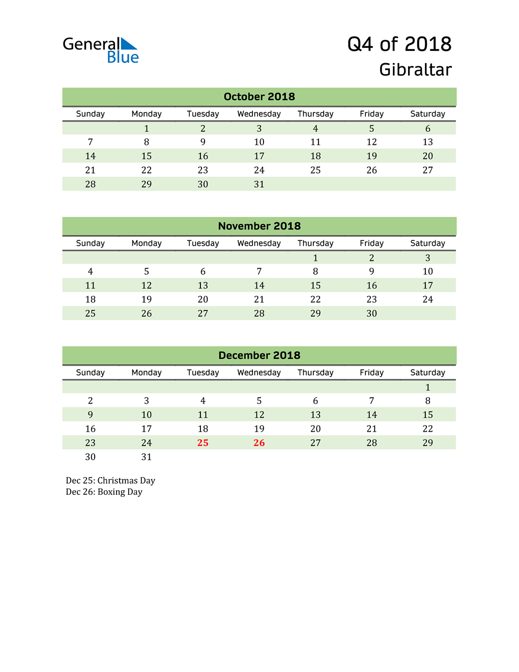  Quarterly Calendar 2018 with Gibraltar Holidays 
