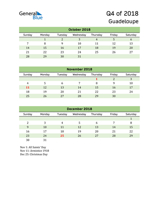  Quarterly Calendar 2018 with Guadeloupe Holidays 