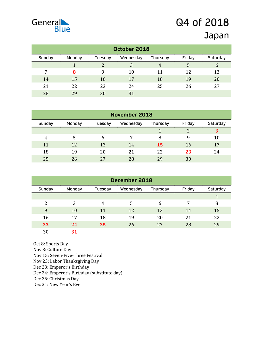  Quarterly Calendar 2018 with Japan Holidays 