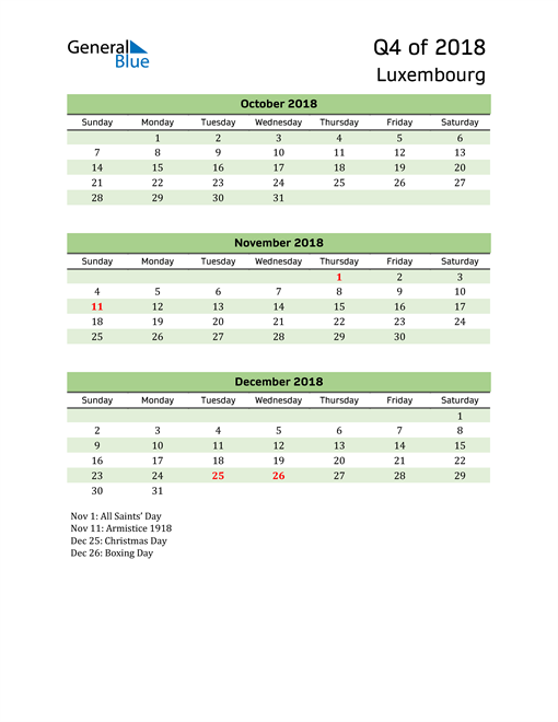  Quarterly Calendar 2018 with Luxembourg Holidays 