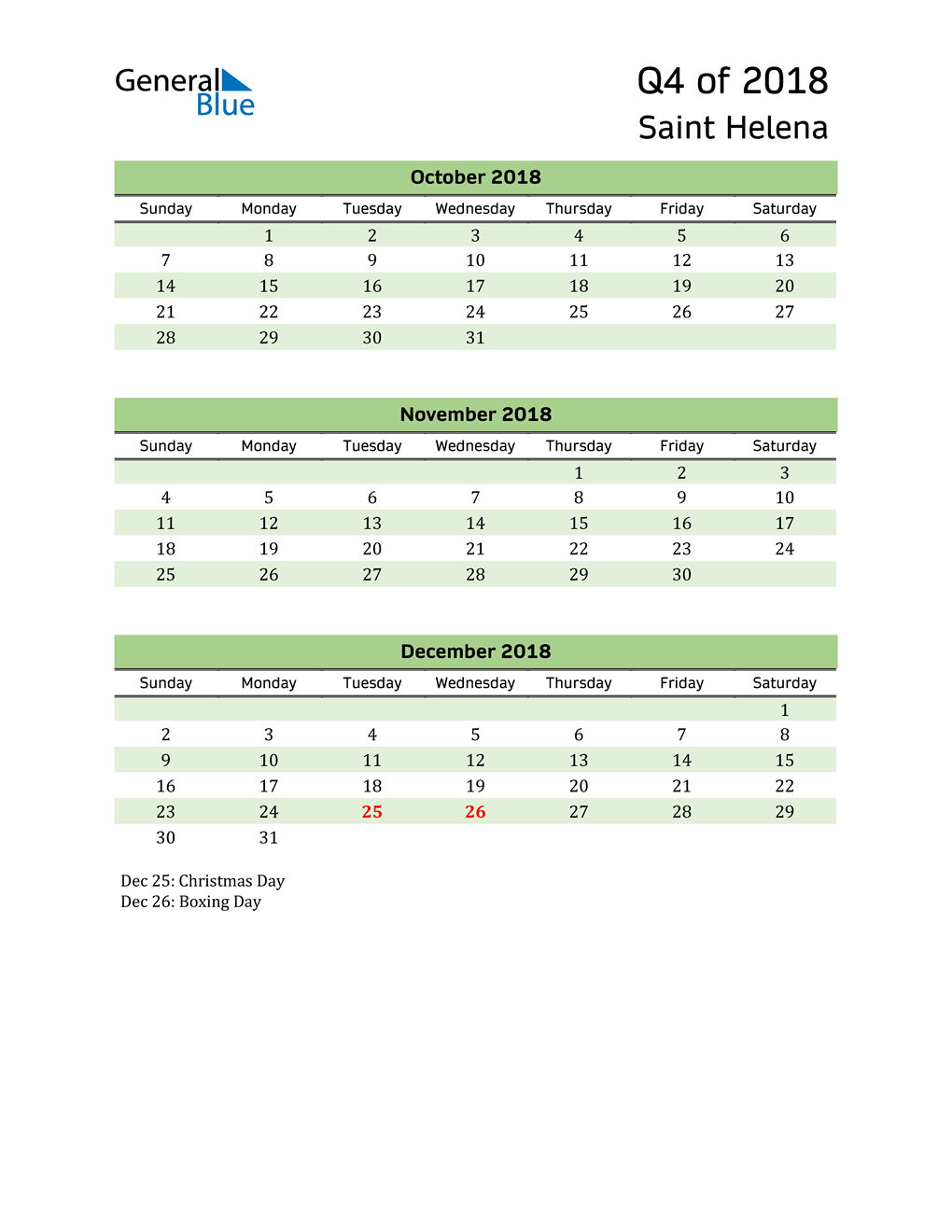  Quarterly Calendar 2018 with Saint Helena Holidays 