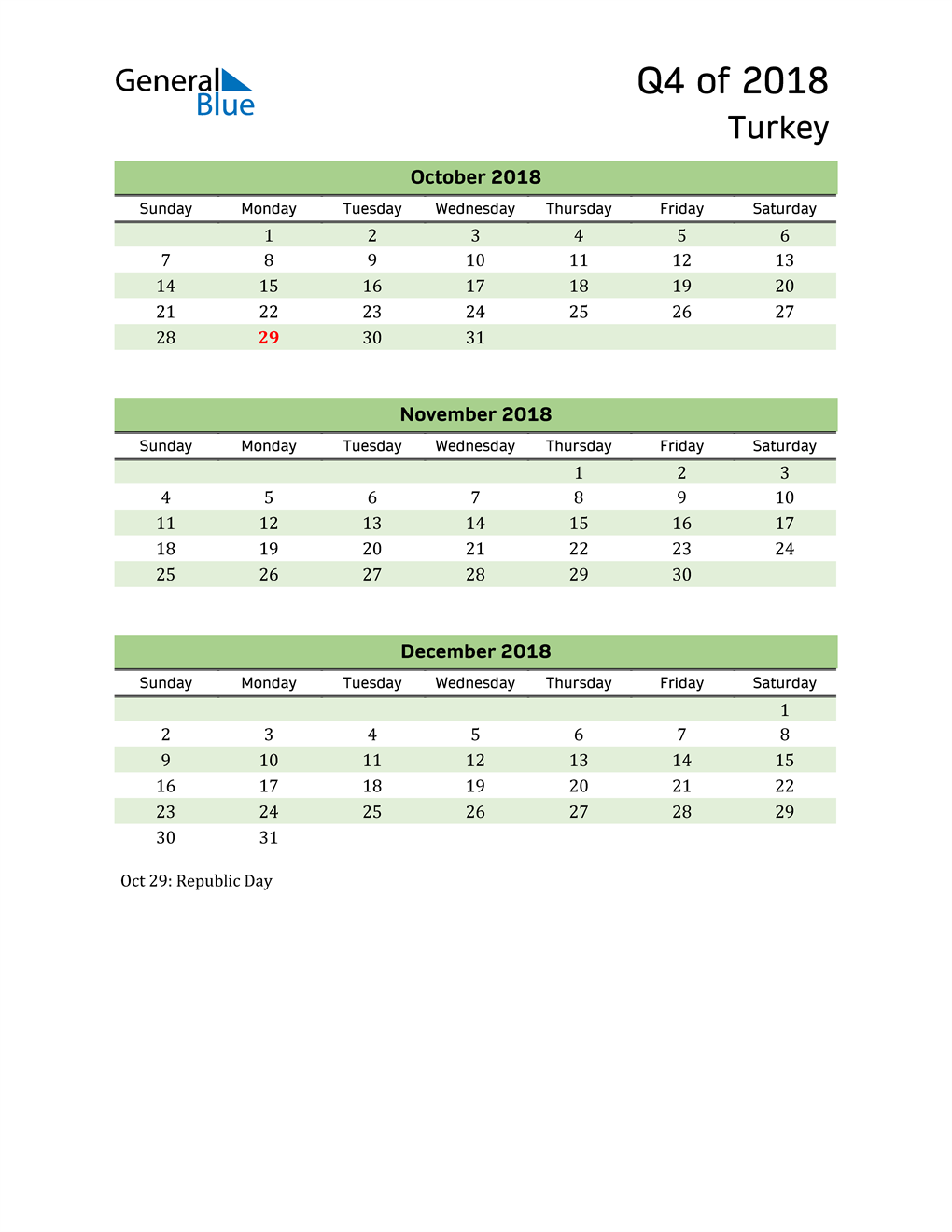  Quarterly Calendar 2018 with Turkey Holidays 