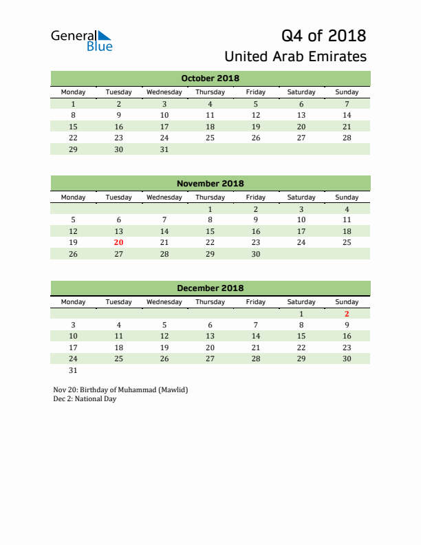 Quarterly Calendar 2018 with United Arab Emirates Holidays