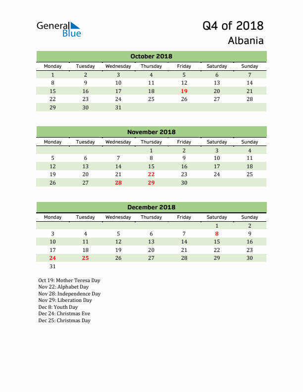 Quarterly Calendar 2018 with Albania Holidays