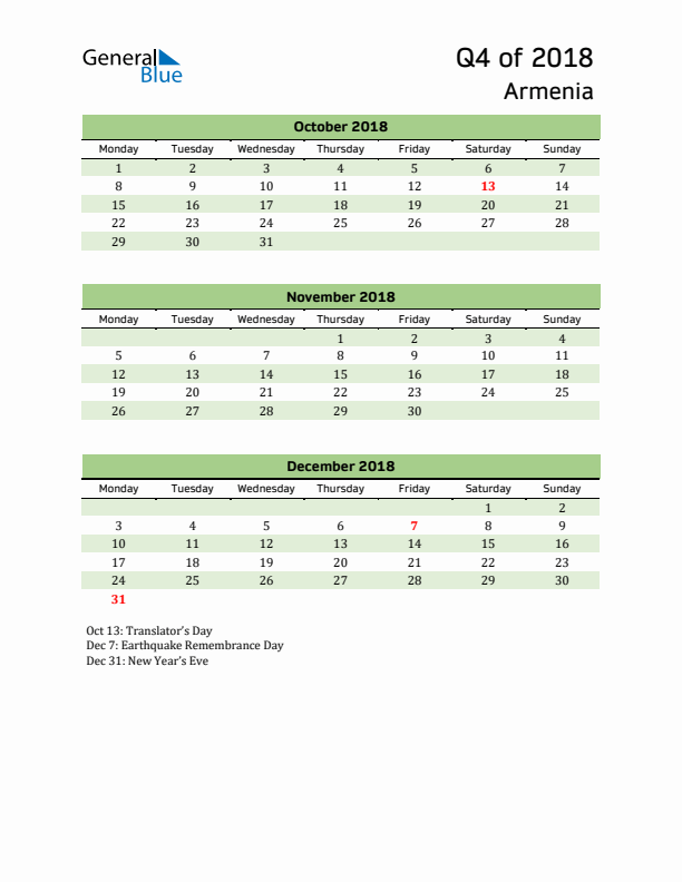 Quarterly Calendar 2018 with Armenia Holidays