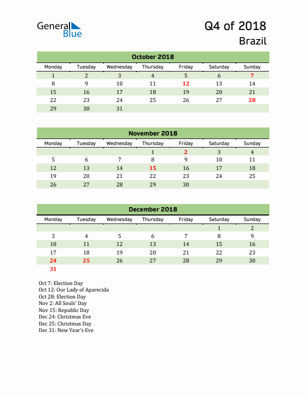 Quarterly Calendar 2018 with Brazil Holidays