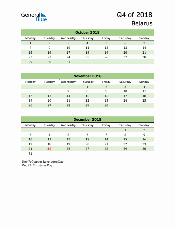 Quarterly Calendar 2018 with Belarus Holidays