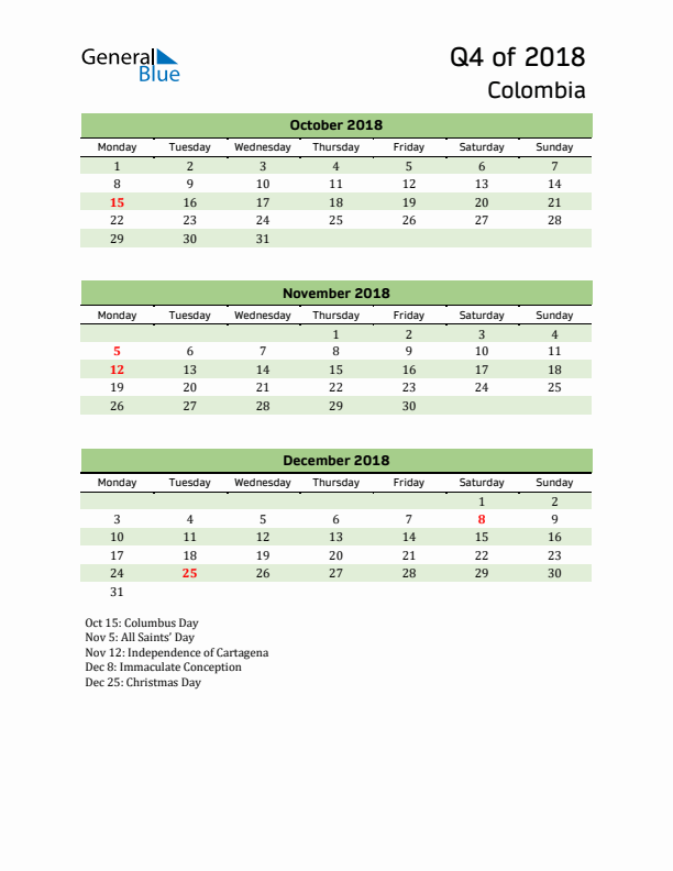 Quarterly Calendar 2018 with Colombia Holidays