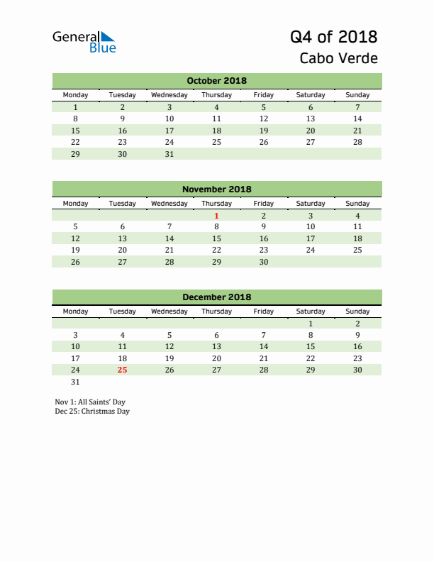 Quarterly Calendar 2018 with Cabo Verde Holidays