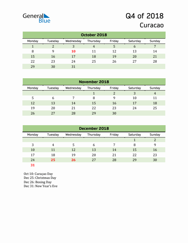 Quarterly Calendar 2018 with Curacao Holidays