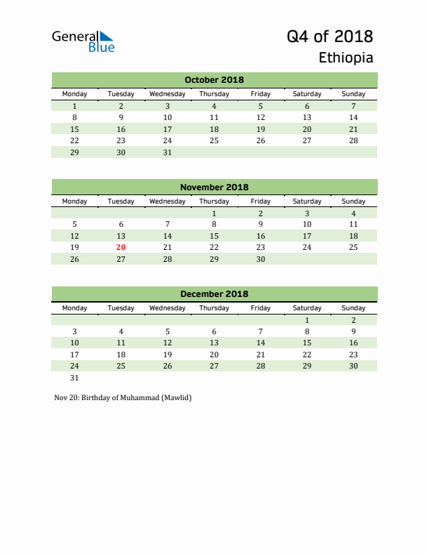 Quarterly Calendar 2018 with Ethiopia Holidays