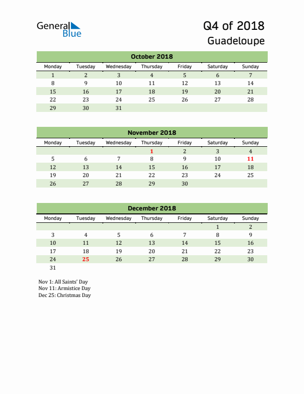 Quarterly Calendar 2018 with Guadeloupe Holidays