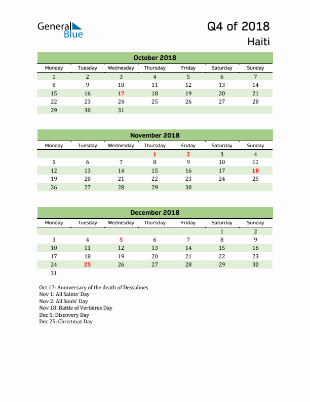 Quarterly Calendar 2018 with Haiti Holidays