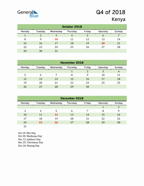 Quarterly Calendar 2018 with Kenya Holidays