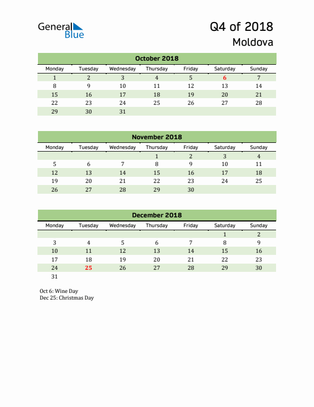 Quarterly Calendar 2018 with Moldova Holidays