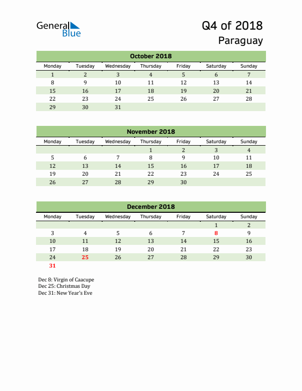 Quarterly Calendar 2018 with Paraguay Holidays