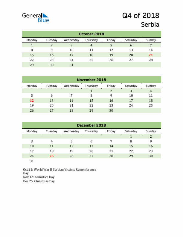 Quarterly Calendar 2018 with Serbia Holidays