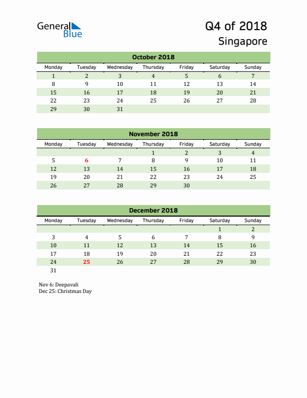 Quarterly Calendar 2018 with Singapore Holidays