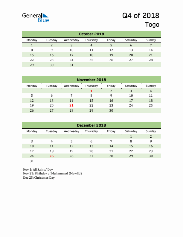 Quarterly Calendar 2018 with Togo Holidays