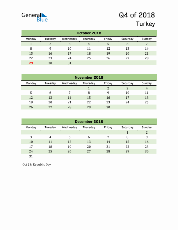 Quarterly Calendar 2018 with Turkey Holidays
