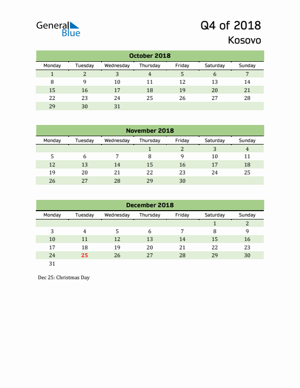 Quarterly Calendar 2018 with Kosovo Holidays